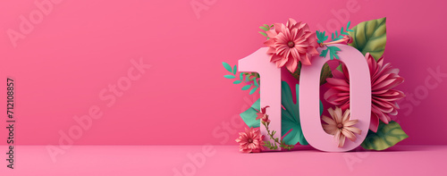 3D render number ten with flowers. 10 years anniversary, Happy birthday 10 years old celebration photo