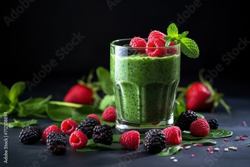 Green and wild berry smoothie in a transparent glass on the kitchen table