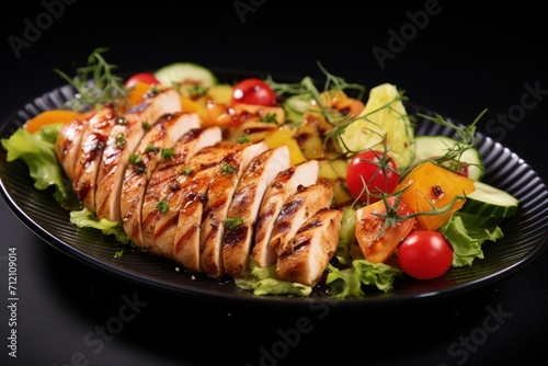 Healthy lunch option of a salad with grilled chicken breast fillet and fresh vegetables