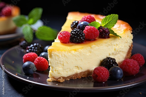 Healthy organic summer dessert featuring homemade cheesecake fresh berries and mint a pie like cheese cake