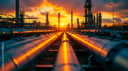 Steel long pipes in crude oil factory during sunset. Oil refineries in the night.
