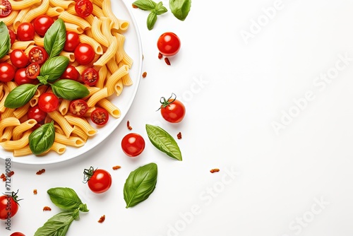 High key top view of pasta with cherry tomatoes cheese and basil on a light background allowing for copy space