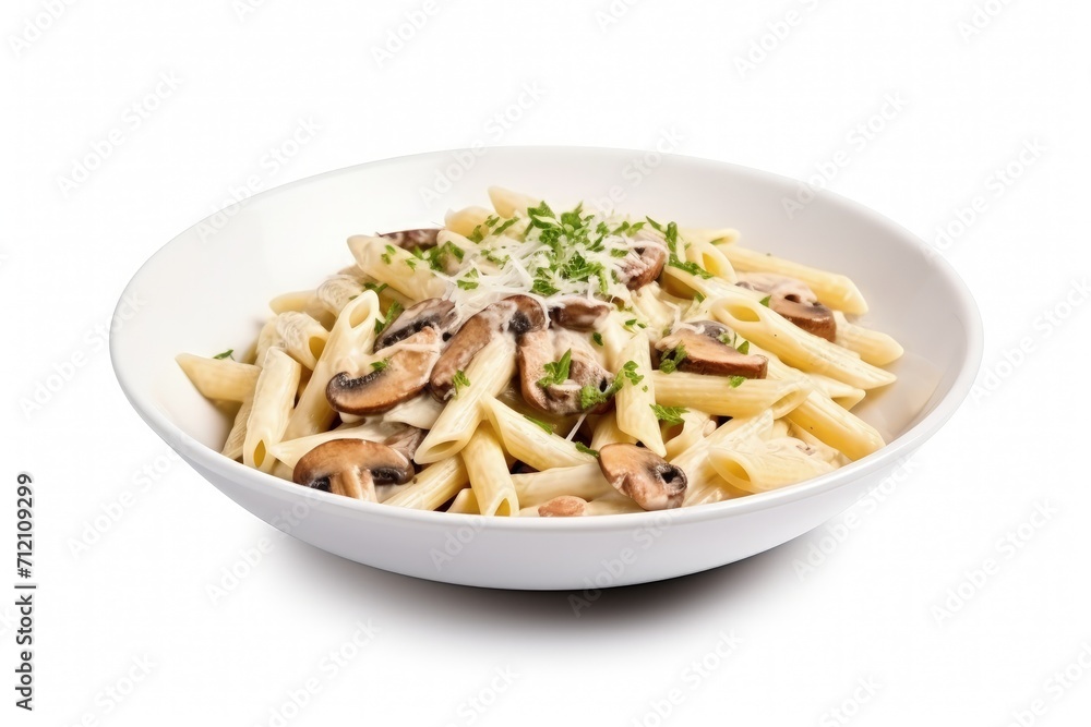 Isolated white background pasta carbonara with mushroom in cream sauce Isolated white background pasta carbonara with mushroom in cream sauce
