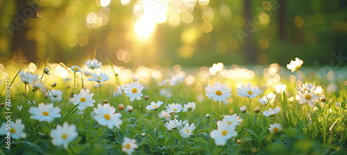 Spring flowers bloom. Abstract soft focus field. Landscape of white flowers blur grass meadow clear sunny day time. Tranquil spring summer nature closeup forest background © Cheetose