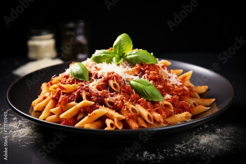Italian penne pasta with arrabbiata sauce basil and parmesan cheese on a dark table