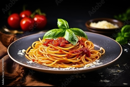Italian spaghetti pasta with sauce parmesan and basil on plate copy space