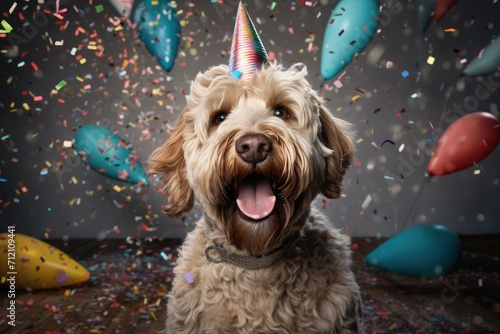 Joyful labradoodle dog with party hat amidst falling confetti at a birthday celebration