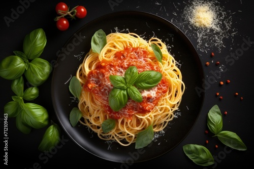 Italian spaghetti with tomato sauce parmesan basil on plate top view
