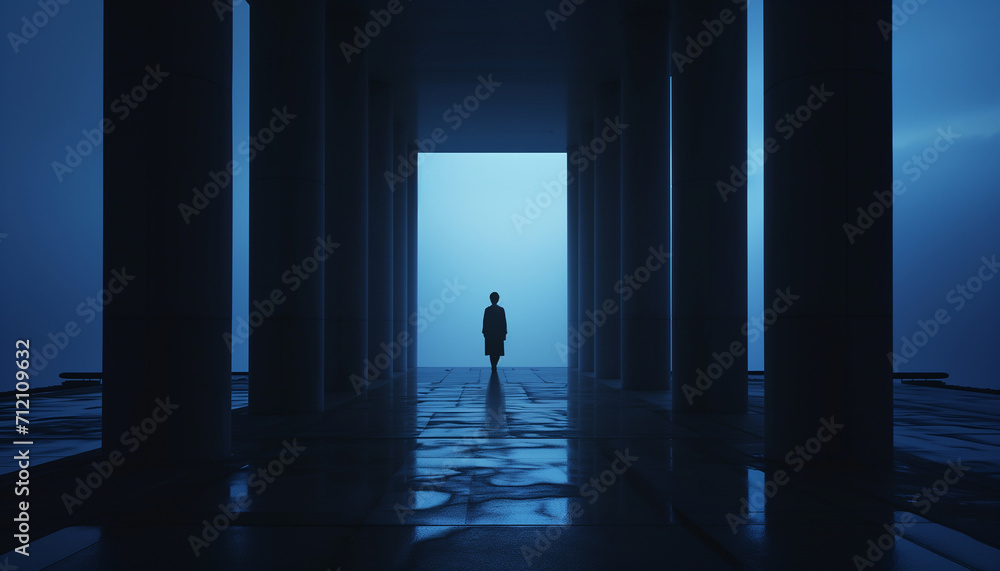 person standing by a pillar through a doorway with light sky-blue and dark gray. person standing by a pillar through a doorway with light sky-blue and dark gray.