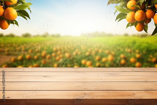 Orange trees orange field background for product display montage on empty wood table