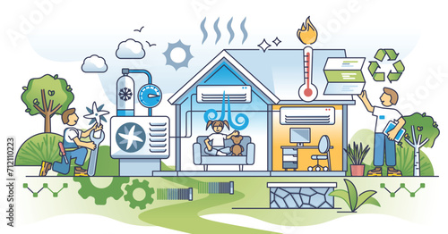 AC repair and HVAC system maintenance and installation outline concept. Professional heating or cooling unit inspection for effective usage vector illustration. Cleaning conditioning appliances.