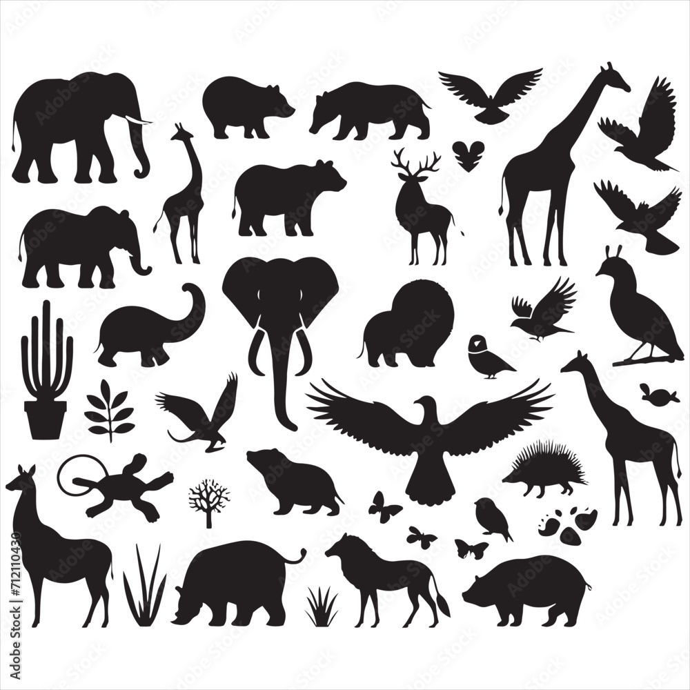 Symphony of the Serengeti: Striking Silhouettes Showcasing a Varied Wild Animal Collection - Wildlife Silhouette - Animals Vector
