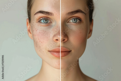 Before and After Beauty. A compelling split-face portrait of a woman, one side with natural skin including freckles and the other side showcasing a flawless makeup look. photo
