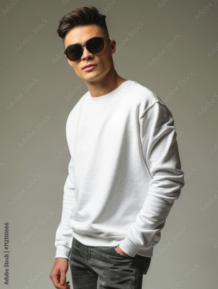 Man with sunglasses wearing white sweatshirt and black jeans isolated on plain background Man with sunglasses wearing white sweatshirt and black jeans isolated on plain background