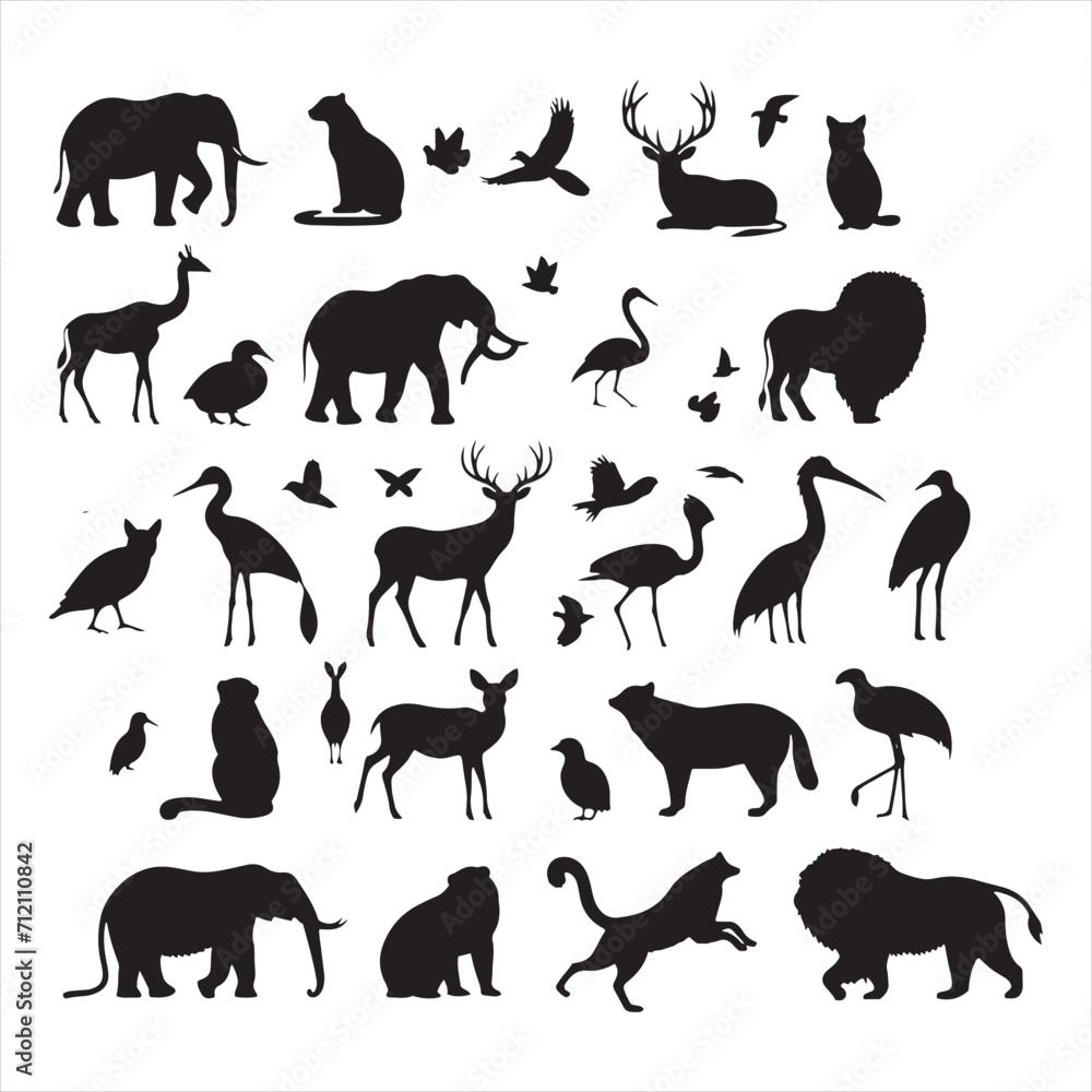Naklejka premium Nature's Symphony: Set of Wild Animals Silhouette Illustrating the Beauty of the Wild - Wildlife Silhouette - Animals Vector