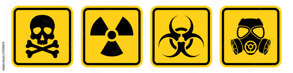 Set hazard danger yellow vector signs. Radiation sign, Biohazard sign, Toxic sign, Gas mask. Set hazard danger yellow vector signs. Radiation sign, Biohazard sign, Toxic sign, Gas mask.