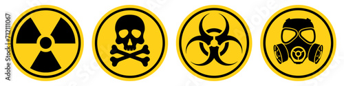 Set hazard danger yellow vector signs. Radiation sign, Biohazard sign, Toxic sign, Gas mask. photo