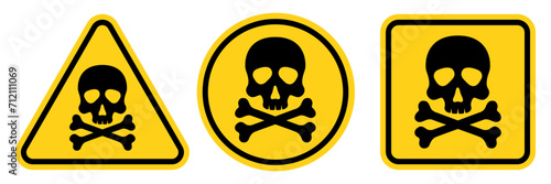 Set hazard danger yellow vector signs. Radiation sign, Biohazard sign, Toxic sign, Gas mask.