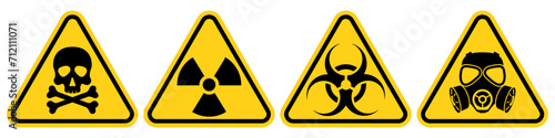 Set hazard danger yellow vector signs. Radiation sign, Biohazard sign, Toxic sign, Gas mask.