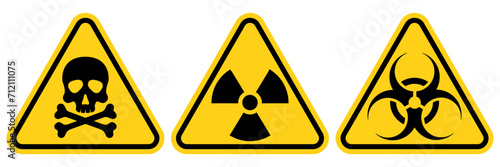 Set hazard danger yellow vector signs. Radiation sign, Biohazard sign, Toxic sign, Gas mask.