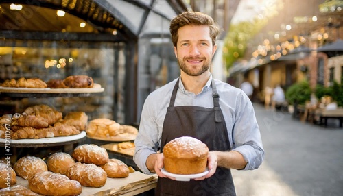  Proud male baker standing confidently outside his urban bakery  embodying the spirit of small business success in the cit