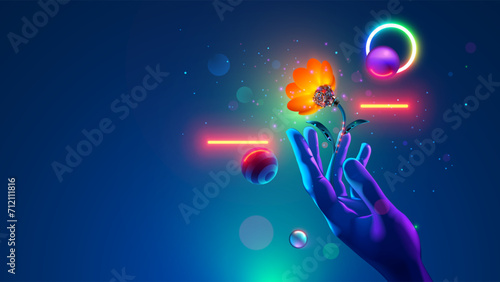 Robot flower in hand. Card for February 14 or March 8 in computer technology style, artificial intelligence or AI. Artificial robotic flower. Hand gives AI electronic flower. Valentine day card.
