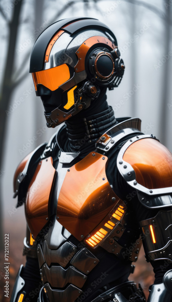 AI generated illustration of a Faceless Cyborg in black and orange armor .