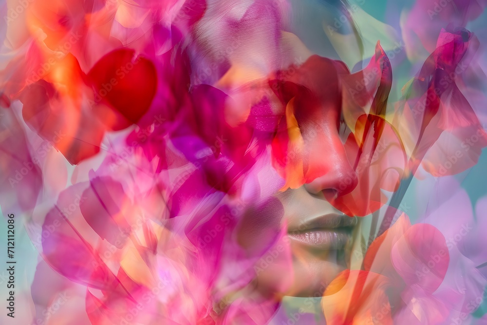 An abstract art of ethereal double exposure portrait symbolizing the flourishing of femininity