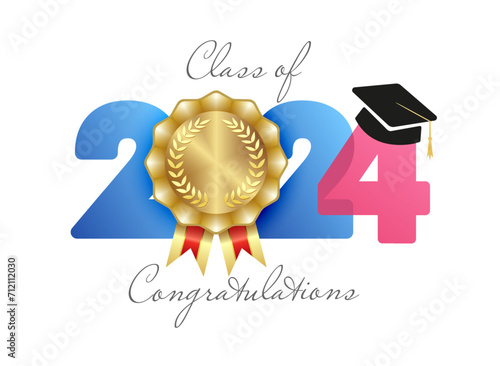 Class of 2024 congrats graphic banner. Educational symbol. Congratulations graduates number icon with golden medal. Gold rosette design. Creative sign with graduating cap. Diploma element. Badge idea.
