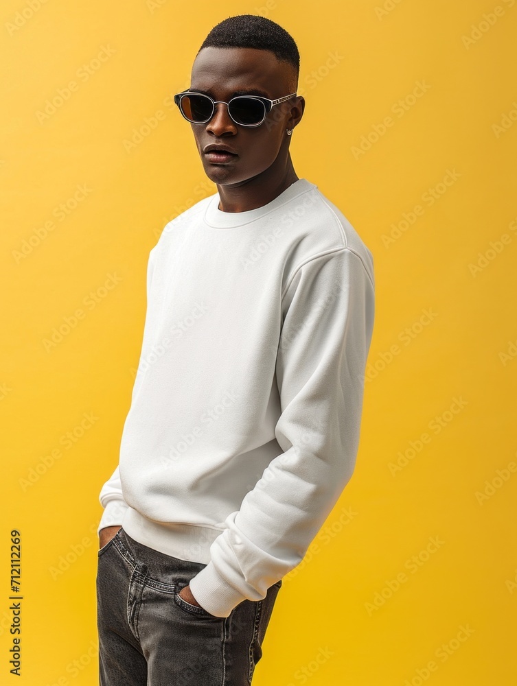 Portrait of handsome man with sunglasses wearing white Sweatshirt and dark grey jeans with short hairstyle cut isolated on yellow background Portrait of handsome man with sunglasses wearing white Sweatshirt and dark grey jeans with short hairstyle cut isolated on yellow background