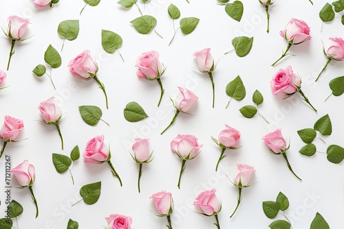 Pattern of pink and beige roses with green leaves and branches on a white background Flat lay top view Valentine s themed floral pattern photo