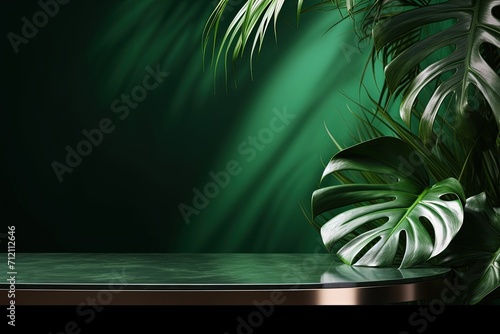 Table on green wall background with monstera leaf shadow and light reflections Mock up for presentation branding products or jewelry photo