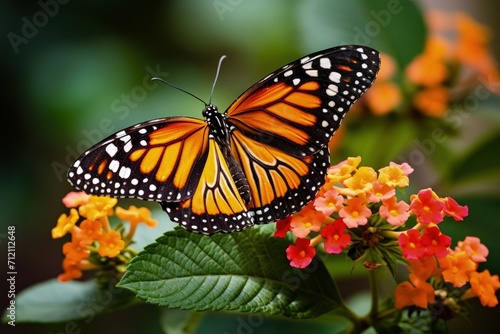 Stunning picture of a monarch butterfly on lantana blossom in nature © VolumeThings