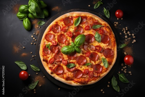 Top view of a delicious pepperoni pizza with tomatoes basil and various cooking ingredients on a black concrete background