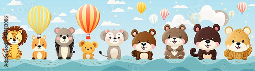 Five Cute baby animal with air balloons banner. Scandinavian art  style