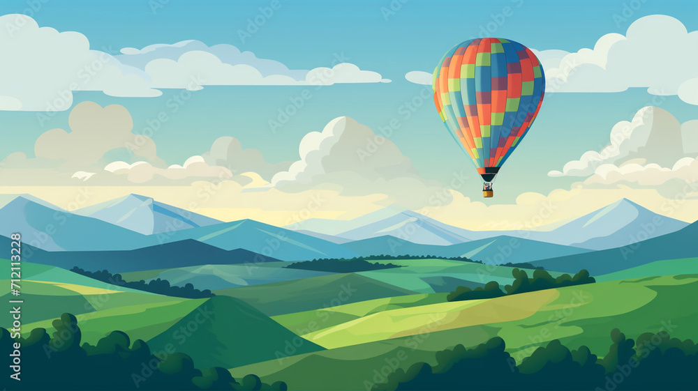 Obraz premium Flat Illustration Hot Air Balloon Over Fields