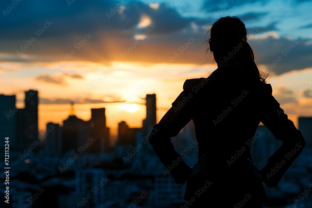 Fototapeta premium A contemplative silhouette of a businesswoman against a vibrant cityscape