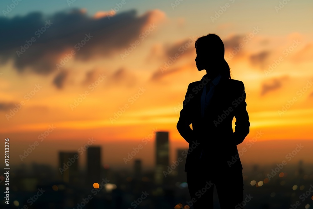 Fototapeta premium A contemplative silhouette of a businesswoman against a vibrant cityscape