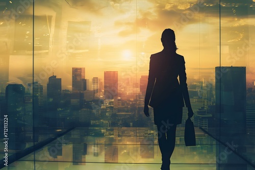 A contemplative silhouette of a businesswoman against a vibrant cityscape