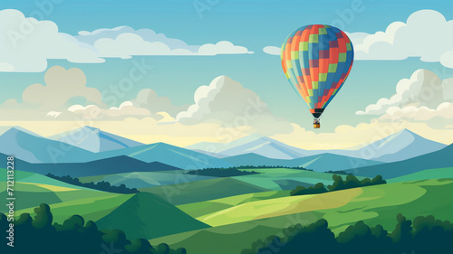 Flat Illustration Hot Air Balloon Over Fields