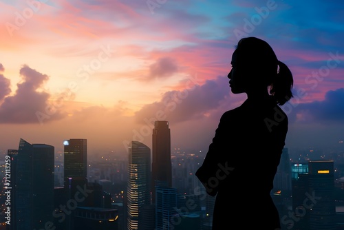 A contemplative silhouette of a businesswoman against a vibrant cityscape