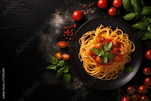 Top view of ingredients for cooking pasta with tomato sauce on a dark background