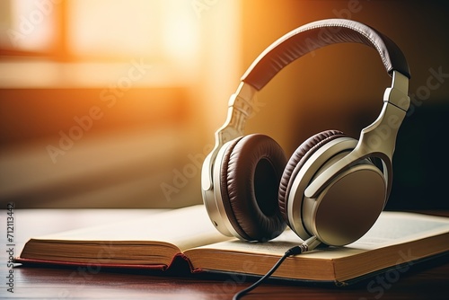 Using audiobooks to learn with headphones on close up photo