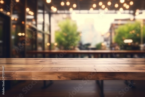 Use wood table with blurred cafe coffee shop bar background for product display or montage