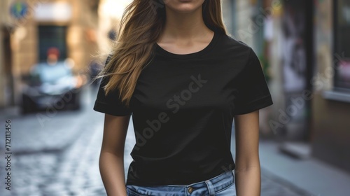 Woman model shirt mockup. Girl wearing white t-shirt on street in daylight. T-shirt mockup template on hipster adult for design print. Female guy wearing casual t-shirt mockup placement.