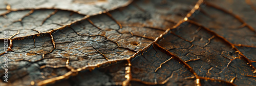 the surface of a dead leaf is covered in brown and gold scratches, generative AI photo