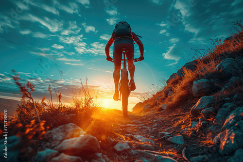 Obraz na plátně Beautiful light as a woman rides a mountain bike in the morning