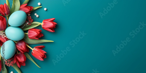 Background with red tulips and painted easter eggs the concept of finding eggs for easter decor for the feast, Celebration in Bloom: Red Tulips and Painted Easter Eggs for Festive Background #712113891