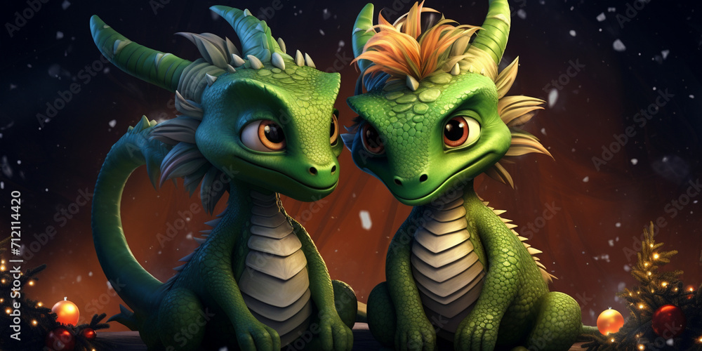Naklejka premium A dragon with a green leaf on its head. Beautiful animal with magical colors3D style to be cute in a variety of colors.