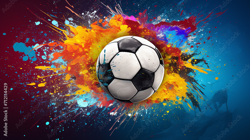 Naklejka premium soccer ball in goal multicolor background